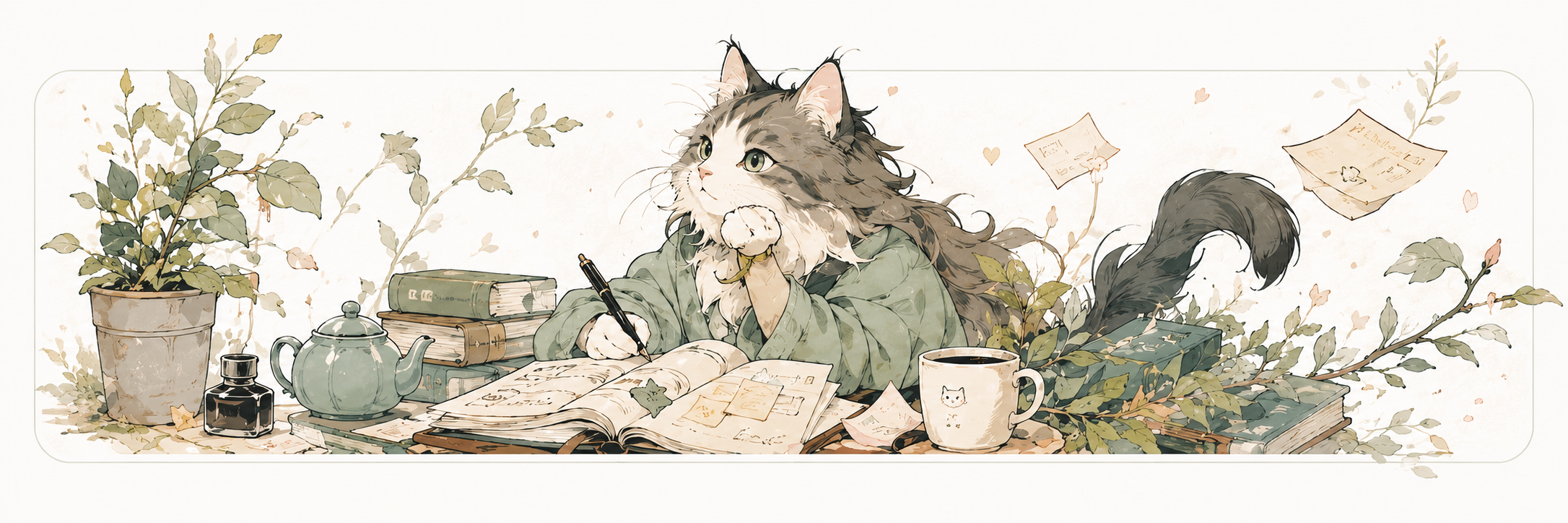 急眼猫猫头在植物、书本和笔记之间写作的插画